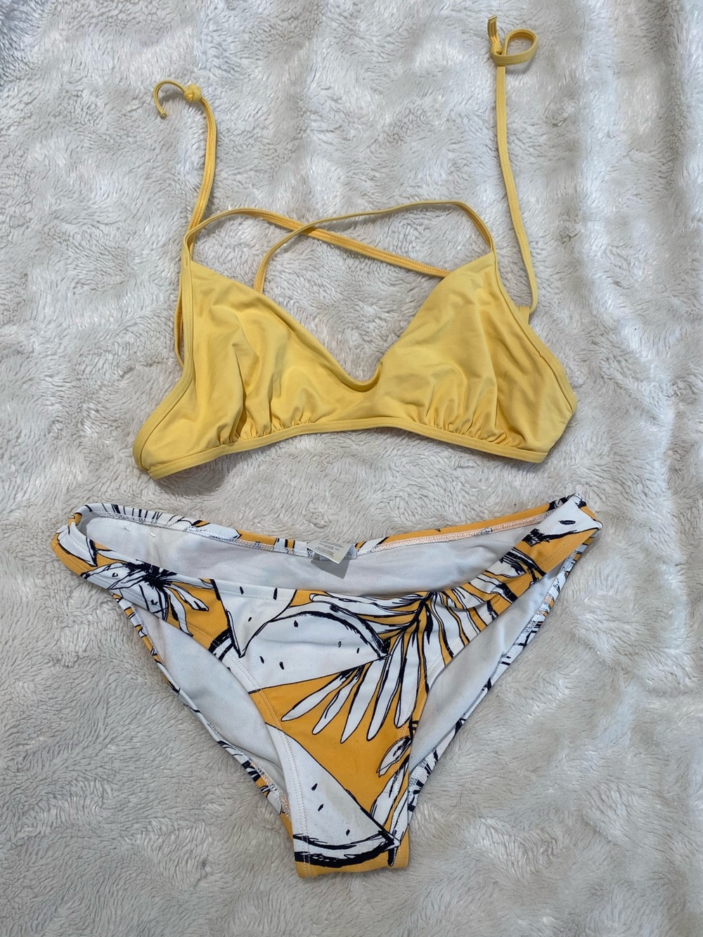 Yellow Two-Piece Women's Bikini Set - Tropical Print Bottom